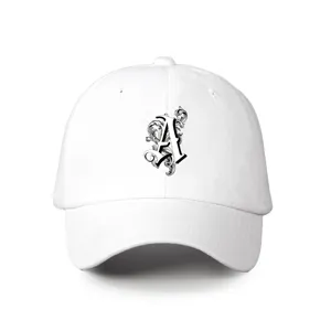 White baseball cap with gothic letter A print, casual adjustable outdoor hat detail view.