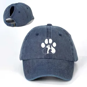 Casual denim baseball cap with ponytail hole and cute cat dog paw print design for outdoor wear.