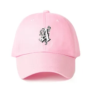 Pink cotton baseball cap featuring a stylish gothic letter A embroidery for outdoor wear.