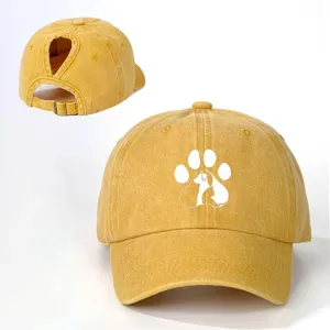 Washed vintage baseball cap with ponytail hole and cute pet paw print for outdoor sports.