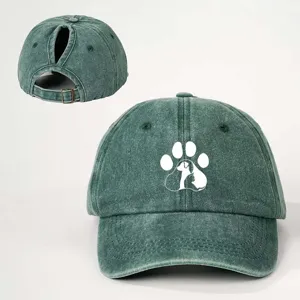 Washed green ponytail baseball cap with cute paw print design, adjustable outdoor casual hat.