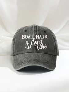 Distressed grey cotton baseball cap featuring embroidered boat hair quote and anchor design.