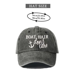 Casual distressed washed baseball cap featuring embroidered anchor and boat hair quote design.