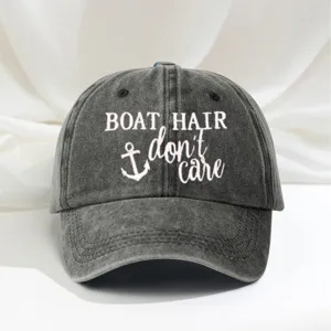 Distressed vintage baseball cap with boat hair embroidery, stylish casual dad hat for outdoor.