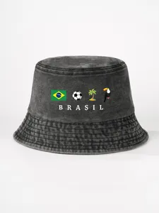 Gewaschener schwarzer Fischerhut mit Brasil-Druck, lässige Outdoor-Sonnenschutzkappe.