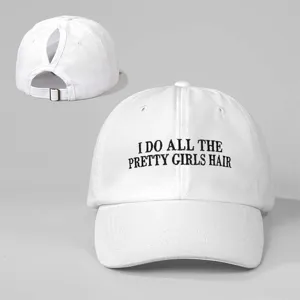 White ponytail baseball cap with embroidered slogan, adjustable metal buckle for outdoor wear.