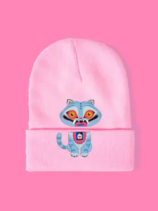 Berretto in maglia rosa con dettaglio grafico di tigre dei cartoni animati blu per esterni.