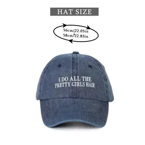 Dark blue denim baseball hat with white embroidered slogan, adjustable head size for outdoor wear