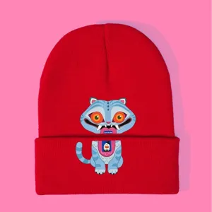 Berretto in maglia rossa con simpatica grafica di tigre, cappello invernale caldo e comodo.