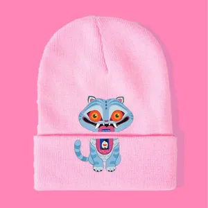 Berretto in maglia rosa con simpatico gatto blu, cappello invernale casual.