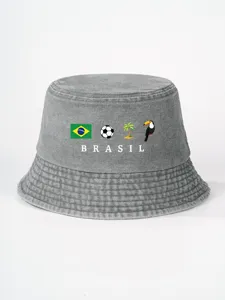 Gewaschener grauer Bucket Hat mit Brasilien Grafik Print, Fußball und Tukan für Outdoor Aktivitäten.