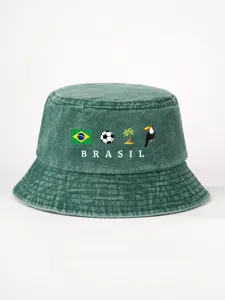 Grüner, gewaschener Baumwoll-Bucket-Hat mit Brasilien-Print, ideal für Outdoor-Sommer.