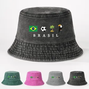 Gewaschene Baumwolle Bedruckt Brasil Anglerhut Breite Krempe Flache Krone Sonnenschutz Outdoor Einstellbar Lässig Fischerhut Für Herren Damen