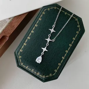 Japanese Style Retro Inlaid Rhinestone Waterdrop Necklace For Women Stackable Shimmering Gypsophila Star Pentagram Chain Choker Pendant Daily Wearing Jewelry Gift