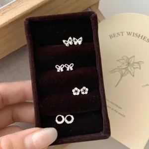 Tige en Argent Sterling 925 Boucles d'Oreilles Clous Strass Forme de Fleur Nœud pour Femmes Vintage Luxe Élégant Brillant Bijoux