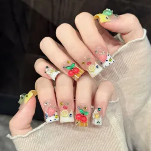 Handmade press-on nails cute fruit cherry strawberry lemon 3D crystal square false nails art