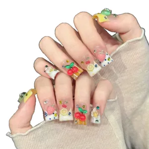 Handmade press-on nails cute 3d fruit cherry strawberry short square fake nail art tips