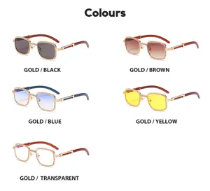Gafas de sol cuadradas con pedrería y patillas de madera, varias opciones de colores.