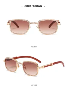 Gafas de sol cuadradas de lujo con diamantes de imitación patillas de madera y lentes marrones.