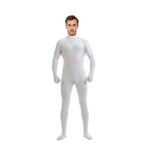 Close-up details of the white full body stretch zentai suit showing stretchy fabric and fit.