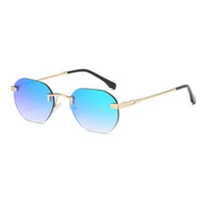 Gradient rimless sunglasses with metal frame, trendy chic small eyewear for daily streetwear.