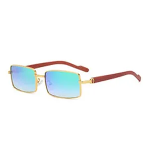 Metal frame gradient lens wooden temple sunglasses detail view and stylish hinge design close-up