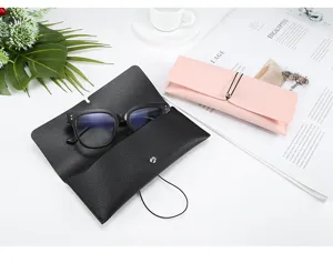 Stylish leather glasses case soft portable protective storage box with elastic cord closure