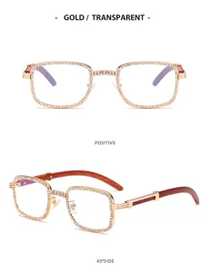 Lujosas gafas ópticas cuadradas de estrás con patillas de madera retro y montura metálica dorada.