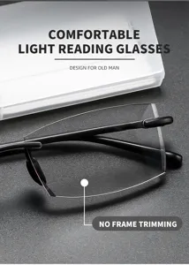 TR90 rahmenlose Blaulichtfilter Lesebrille fuer Senioren, stilvolles quadratisches Design.