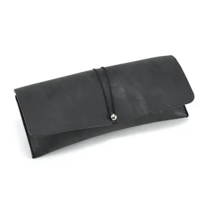 Stylish leather glasses case with elastic band and metal closure for daily storage protection.