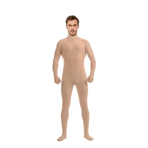 Closeup view of the skin-colored full body zentai bodysuit, showing stretchable fabric and fit.