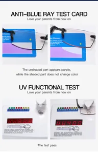 Detailansicht der Blaulichtfilter Brille mit UV- und Blaulicht-Testkarten sowie Leistungstests.
