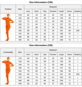 Detaillierte Größentabelle für orangefarbenen Body Stretch Ninja Kostüm, Maße ansehen.
