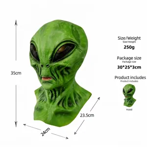 Vista detallada de la máscara de alienígena verde con dimensiones y contenido del paquete.