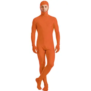 Oranje full-body zentai pak voor cosplay en toneelvoorstellingen met open gezicht.