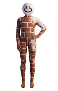 Detailed view of the brick pattern morph suit with smiley face mask for party cosplay.