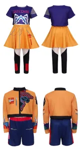 Kids cosplay costume set featuring crop top skirt and jacket with vibrant color block design.
