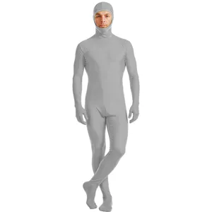 Gedetailleerd overzicht van grijs full body zentai pak met open gezicht van elastisch spandex materiaal.