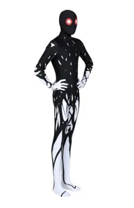 Detailed view of the Halloween horror tree mutant cosplay full body suit with striking red eyes.