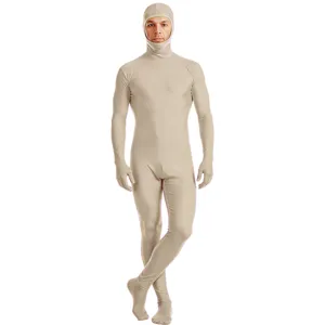 Beige volledige lichaam spandex zentai pak open gezicht elastische jumpsuit voor cosplay.