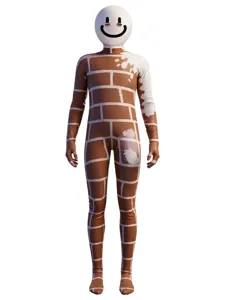 Full body morph suit camouflage costume with brick pattern and smiley face mask for Halloween party.
