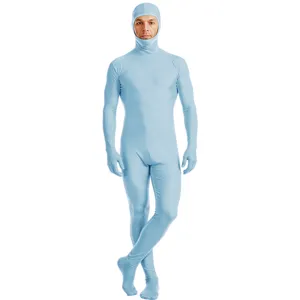 Lichtblauw elastisch nauwsluitend zentai pak met open gezicht, detailweergave.