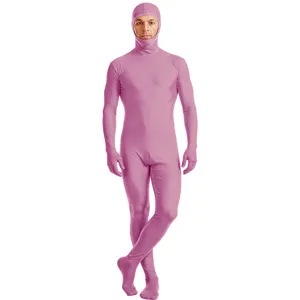 Roze zentai pak detail toont elastische stof, open gezicht ontwerp en volledige pasvorm stijl.
