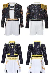 K-pop style stage costume set featuring detailed star patterns and gold fringe accents.
