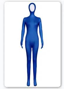 Full body blue spandex Zentai suit catsuit detail view, stretchy cosplay costume tights.