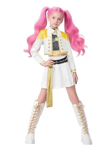 Kids K-pop cosplay costume stage outfit with pink twin tails, white jacket and skirt set.