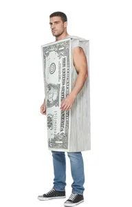 Vue détaillée du costume drôle de billet de dollar, idéal pour Halloween et soirées.