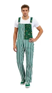 St. Patrick's Day Green Striped Shamrock Overalls Detail View for Holiday Cosplay