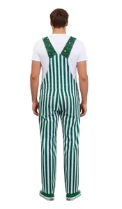 Green and white striped mens novelty overalls costume for holiday cosplay and parties.