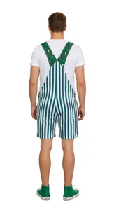 Green and white striped overall shorts with clover straps for men, festive party costume.
